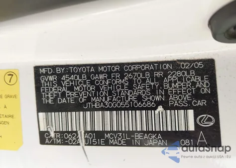 2005 Lexus Es 330 из США, поврежденный, VIN JTHBA30G055106686